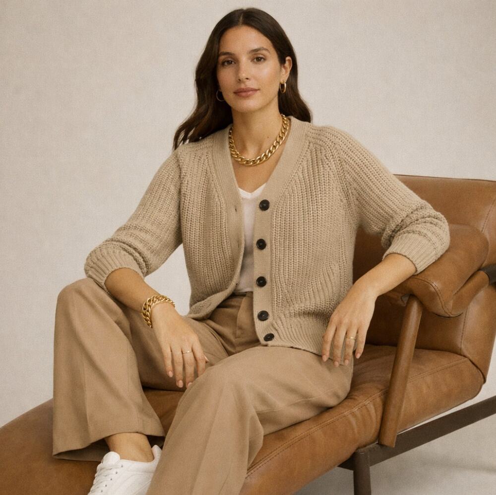 EVERLANE Chunky Texture Cotton Knit Button Down Cardigan Tan Taupe Sz XS {3L32}